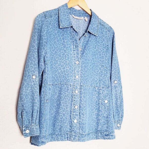 Soft Surroundings Leopard Thelma Chambray Long‎ Sleeve Button Down Shirt XSP - Picture 13 of 14